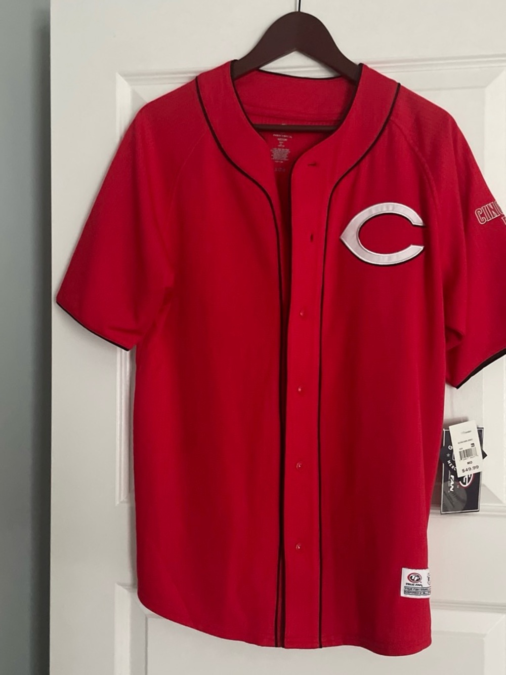 Red Button-Down Baseball Jersey with White 'C' Chest Logo